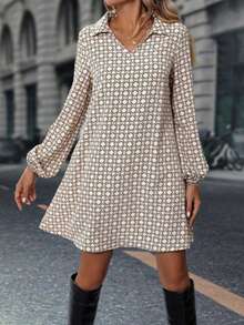 Women Allover Printed V Neck Regular Midi Dress - Beige - View 1