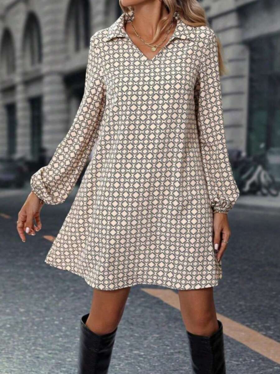 Women Allover Printed V Neck Regular Midi Dress - Beige - View 1