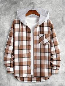 Men's Casual Fashionable College Style Plaid Hooded Shacket - Brown - View 4