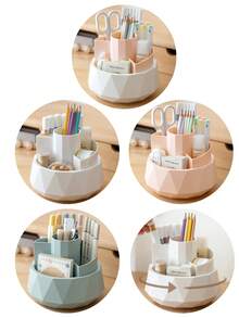 Rotating Pen Holder, Diamond Pattern Creative Desk Organizer Box, Large Capacity Plastic Stationery Storage Container, Luxurious High-End Feel - Multicolor - View 2