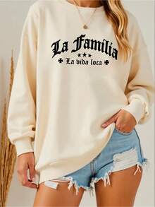 1PCS1 Piece Women's LA FAMILIA LA BIOA LOCA Spanish Text Y2K Sweater - Beige/White Pullover, Black Gothic Font Print, Soft Loose Fit, Suitable For All Seasons Casual Sweater, Latin Culture Enthusiasts And Spanish Clothing, Round Neck Loose Fit, Machine Washable, Fashion Y2K Style, With LA FAMILIA LA BIOA LOCA Print, Soft And Comfortable, Can Be Layered Or Worn Alone-Premium Cotton Graphic Printed Round Neck T-Shirts-365T - 杏色 - 查看 12