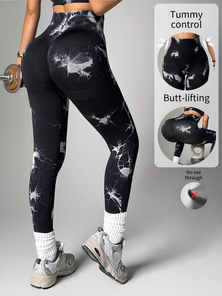 Tie-Dye Fashionable Yoga Leggings, Breathable Lifting Sexy Workout Tights, Women Sports Wear Black Spring - Black - View 2