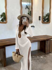 FOR BEAUTY 白色新款女士连衣裙，蜜月和婚礼季海滩度假风，性感透视镂空连衣裙，波西米亚风深V领长袖针织罩衫，适合狂欢节、新年、情人节等场合。