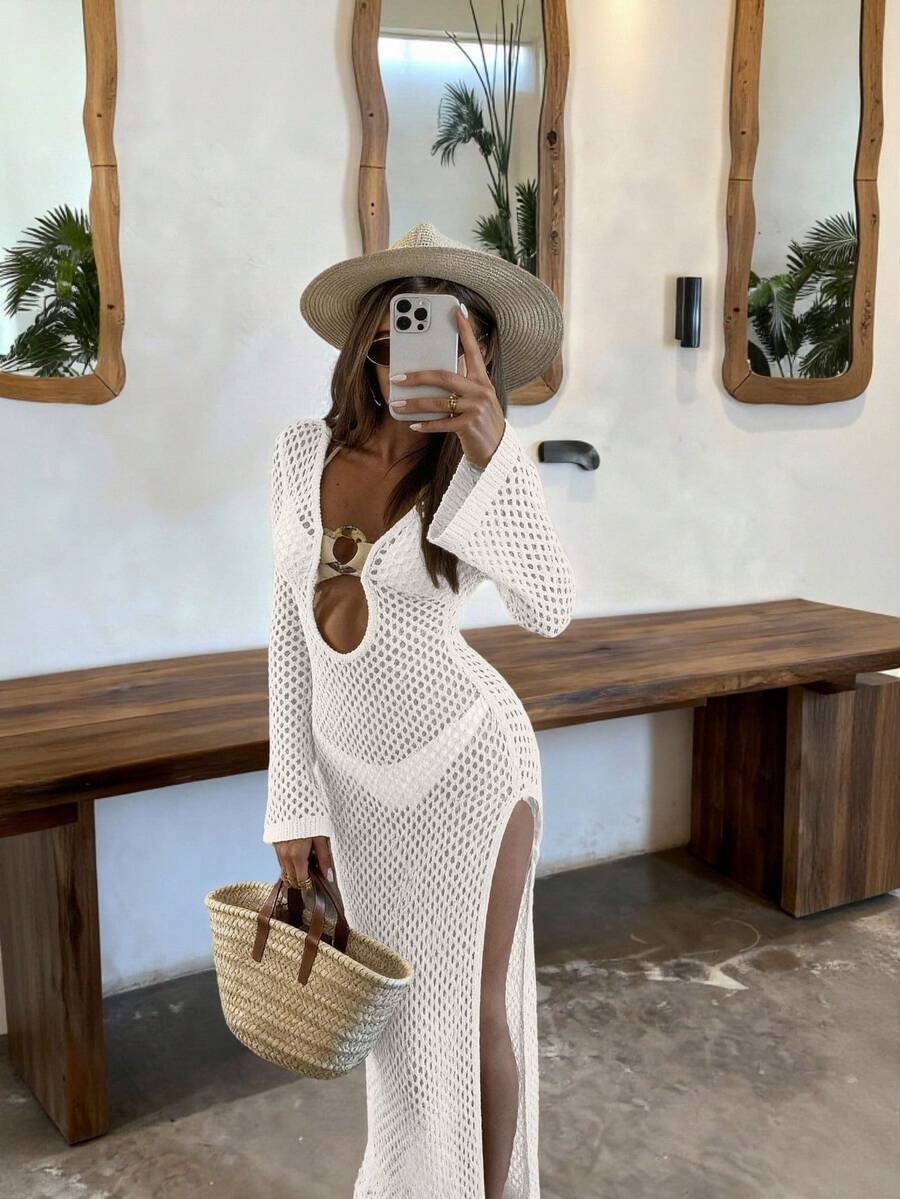 FOR BEAUTY 白色新款女士连衣裙，蜜月和婚礼季海滩度假风，性感透视镂空连衣裙，波西米亚风深V领长袖针织罩衫，适合狂欢节、新年、情人节等场合。