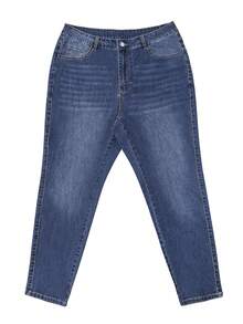 大码女式高腰弹力紧身牛仔裤，显瘦塑形，休闲春季款 - 深色 - 查看 7