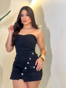 Conjunto Jeans Preto Feminino Cropped Tomara que caia e Short Saia  com lycra - Preto - Visão 3
