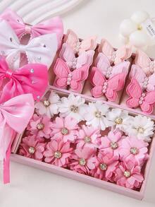 443件/套粉色仿珍珠蝴蝶发夹，可爱公主风发饰，弹力发圈，发带，女孩发夹，日常百搭，头部饰品，情人节饰品