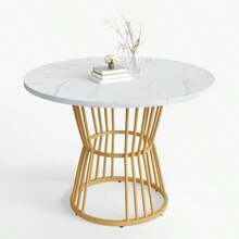 Round Dining Table (1 Piece), Kitchen Table, Unique Metal Frame, Dining Table With Modern Marble Pattern, Suitable For Dining Room, Living Room, White/Black - White3 - View 4