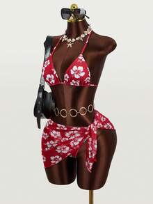 Zestiva Floral Print Halter Neck Bikini Set With Tie Front Skirt For Summer Beach Vacation