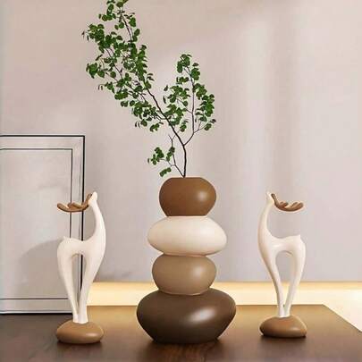 1 bình hoa / 1 cặp tượng hươu, Trang trí nhà theo phong cách Wabi-Sabi hiện đại (Bình hoa đá xếp chồng + Tượng hươu trừu tượng), Thiết kế tối giản tông màu đất - Trang trí theo chủ đề bình hoa hình học. Bình hoa này không dùng để đựng nước, chỉ dùng để trang trí hoa giả.