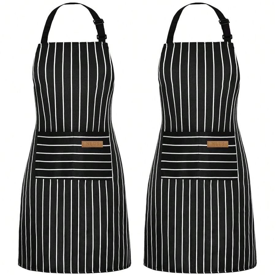 NLUS 2 Pack CooFKing Aprons For Women With Pockets Adjustable Kitchen Bib Aprons For Women Men Chef, Black/White Stripe (Classic Black/White Stripes),White/Black-2 - 白色/黑色-2 - 查看 1