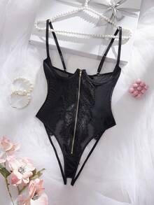 极致性感内衣套装，采用花卉蕾丝、薄纱、交叉绑带和拉链裆部设计 - 黑色 - 查看 6