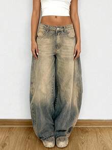 Quần jeans nữ dáng suông cạp thấp, kiểu vintage rách nhẹ, thích hợp cho mùa xuân. - Màu xanh hải quân - Xem 5