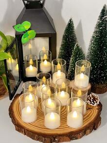 12/24-Piece Smokeless LED Tea Candle With Transparent Acrylic Candle Holder – Battery-Powered Flameless Decorative Lights Suitable For Home Décor, Holidays, Weddings, Parties, Restaurants, And As Gifts. - trắng - Xem 5