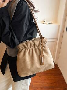 秋冬时尚复古麂皮手提包，休闲百搭女士单肩包，拉链封口，褶皱设计，优雅配色，大容量水桶包，适合日常通勤、约会、购物等场合。 - 彩色 - 查看 4