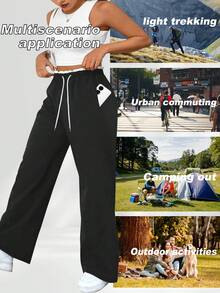 Plus Size Women Striped Wide Leg Sweatpants, High Waist Lace-Up Loose Black Casual Cargo Pants With Pockets - Black - View 5