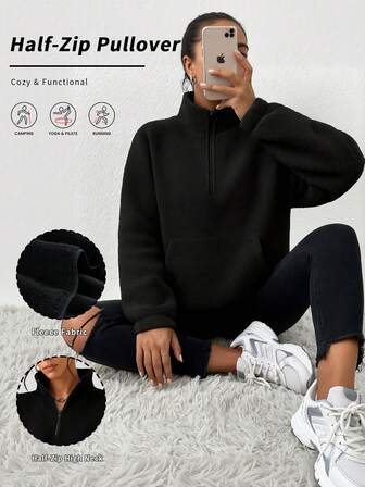 1 pieza de sudadera de forro polar con bolsillo para mujer, sudadera de forro polar para deportes de otoño e invierno, sudadera de forro polar de unicolor
