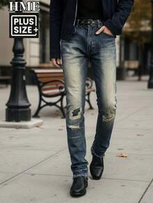 234  New Fashionable Men's Jeans Retro-Washed Distressed Design With Frayed Hem Mid-Rise Stretch Slim-Fit Straight Leg With Structured Cut All-Season Wear Classic Blue With Natural Faded Effect Soft Stretch Denim Fabric, Machine Washable Essential For Everyday Casual Wear Men's Jeans (Plus Sizes Available) Men's Plus Size Apparel - 深藍色 - 查看 6