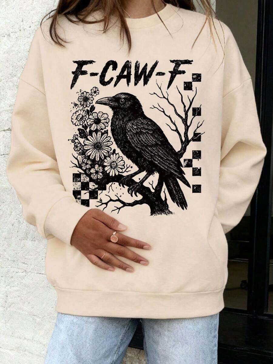 Crow F-CAW-F Fun Halloween Gothic Floral Plaid Sweatshirt, Women Autumn Clothing, Nightmare Before Christmas, Halloween Costumes For Women, Loose Fit Crew Neck Long Sleeve Casual Pullover2026 New Arrival Women's Loose Fit Round Neck Sweatshirt - Casual And Versatile For Everyday Wear - 淺杏色 - 查看 1