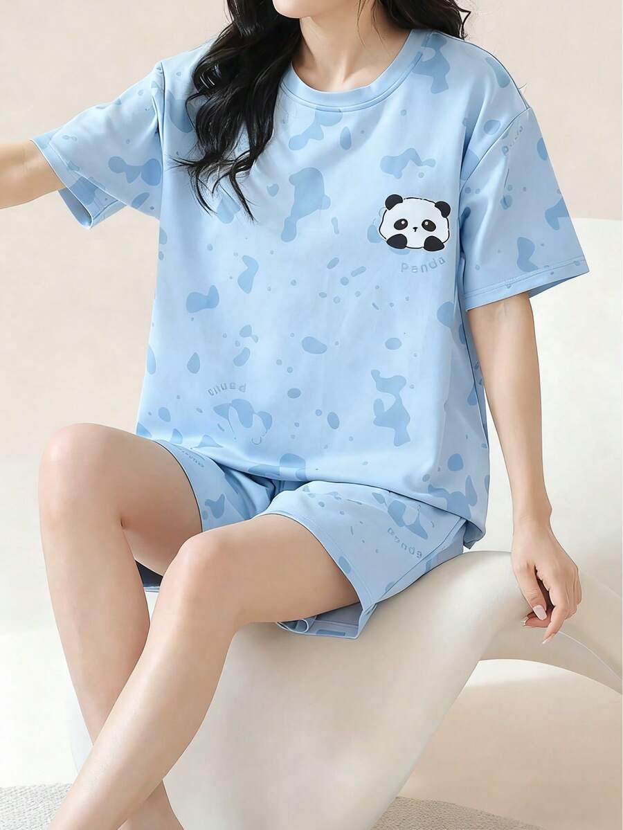 AICJ Bộ đồ ngủ 2 chiếc áo thun tay ngắn in hình gấu trúc và quần short thoải mái cho mùa xuân và mùa hè dành cho nữ - Màu xanh nhạt - Xem 1