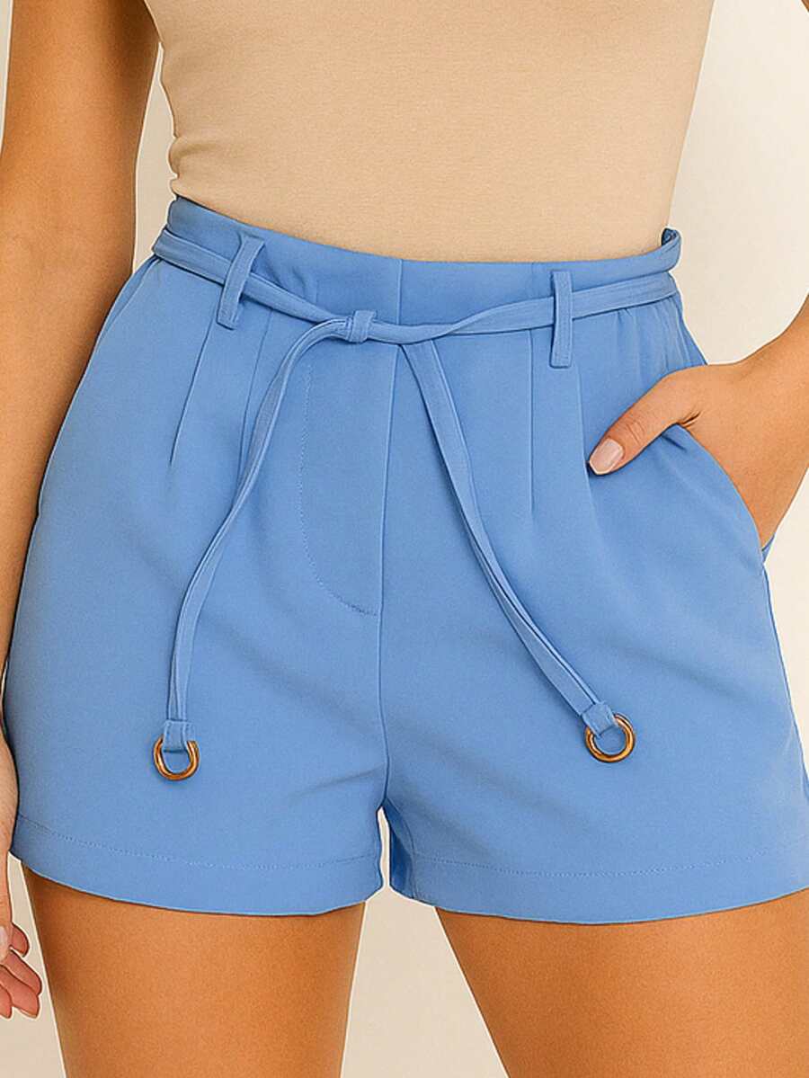 Women's Tailored Shorts With Belt, High Waist, Elegant And Comfortable, Knot Pocket - 淺藍色 - 查看 1