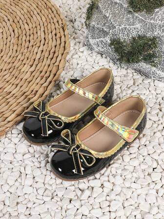 1 Pair Girls' Bow Decor Flat Mary Jane Shoes With Hook And Loop, Princess Style, Suitable For All Seasons