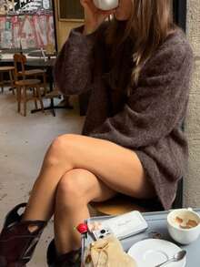 SEREN 秋冬新款咖啡棕色圆领长袖针织套头衫女上衣 时尚宽松简约大气经典优雅慵懒风适合日常出门通勤毛衣秋季女装 - 咖啡棕 - 查看 4