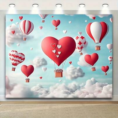 2D Flat 1 Pc Valentine's Day Heart Balloon Background - Romantic Polyester Photography Backdrop With Red And White Hot Air Balloons, Clouds, And Hearts, Perfect For Birthday, Wedding, And Party Decorations, Valentine's Day Decor