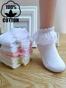 3 Pairs Children Solid Color Lace Dance Ruffle Princess Style Fashion Versatile Party Full Cotton Lace Socks - Multicolor - View 10