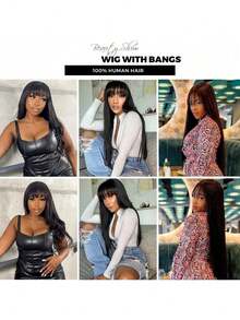 Straight Wigs Human Hair With Bangs 180% Density Brazilian Virgin Human Hair Wigs For Women Glueless Wigs Human Hair Machine Made None Lace Front Wigs Natural Color (8-36inch), 3S Put On & Go Affordable Human Hair Wig, Quick Install - Natural Black - Xem 8