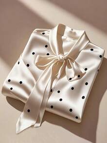 Niche Design Polka Dot Satin Blouse, Bow Collar, Flare Sleeves, Elegant Luxury Slim Fit Office Shirt For Women