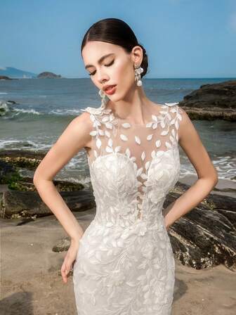 HEARBOBO Boho Sleeveless White Long Mermaid Wedding Dress Bridal With Train, Chic Lace Appliques Contrast Mesh Civil, For Vacation Or Party