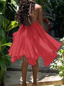 女士露背吊带无袖迷你连衣裙，性感优雅时尚派对半身裙，适合办公室、通勤和夏季度假穿着 - 紅色 - 查看 6