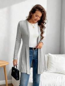 Women's Casual Long Sleeve Cardigan - Open Front Mid-Length Sweater With Umbrella Hem, Machine Washable Solid Color For Fall Winter Layering, Sweater Cardigan, Autumn Layering, Cozy Fashion, Ribbed Texture, Soft Cozy Women's Spring Summer Fall Clothing, Define Jacket, Sports Jacket, Zip Up Jackets, Fitted Jacket, Spring Coat For Women, Western Outfits For Women, Valentine Outfits For Women, Valentine's Day, New Years Outfit Women, Christmas Outfit Women, Women's Spring Fashion, Women's Spring Promotion, Women Curve, Holiday Gift, Summer, Summer Outfits, Summer Outfits For Women - Xám - Xem 3