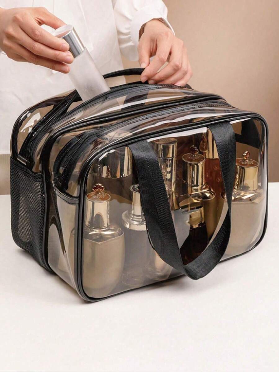 1个PVC透明防水洗漱包，干湿分离化妆品收纳袋，适用于护肤品、化妆品、化妆刷、粉饼、口红等，非常适合海滩、学校、浴室、节日、情人节、圣诞节等场合，可作为送给妈妈、家人、朋友、同学的礼物。