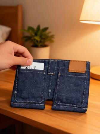 迷你牛仔布钱包，带口袋，小巧卡包，独特口袋牛仔布钱包，纤薄折叠口袋钱包，趣味折叠零钱包，便携复古裤装风格钱包，可装卡片、钥匙或现金，小型旅行钱包