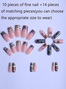 24 Pieces Of Retro Striped French-Style Edge Three-Dimensional Red And Blue Button Three-Dimensional Ladybug Retro Scottish Check Pattern Suitable For Teen Girls' Daily Attendance, Outings, And Other Occasions For Fake Nails. - Multicolor - View 4
