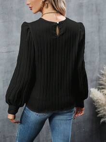 Blusa de cuello redondo con mangas de obispo, textura blanca a rayas, para mujeres en otoño y primavera - negro puro - Ver 5