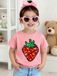 Young Girl Strawberry Print Round Neck Short Sleeve Casual Versatile T-Shirt - Pink - View 1