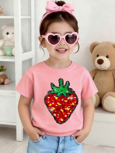 Young Girl Strawberry Print Round Neck Short Sleeve Casual Versatile T-Shirt