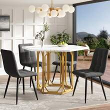 Round Dining Table (1 Piece) Kitchen Table Breakfast Table Metal Legs Marble Pattern Gold/Black - Gold2 - View 3
