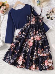 Left Mama Tween Girls Long Sleeve Top & Floral Strap Dress, Spring/Autumn - Navy Blue - View 2
