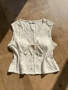 Rusttydustty Women's Young College Vintage Resort Bohemian Apricot Knitted Jacquard Tie-Up Vest - Apricot - View 8