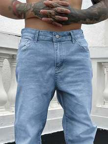 Jeans vaqueros de mezclilla azul claro de corte slim y elásticos para hombre - Azul lavado medio - Ver 6