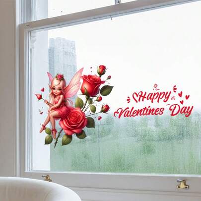 Romantic Valentine's Day Red Rose Elf Window Sticker Self-Adhesive Red Roses Elf Wall Bathroom Decal Contemporary Floral Vinyl Sticker For Bedroom, Entryway, Living Room - Easy Peel & Stick Home Decor, Bedroom Wall Decor, Spring Red Flower Deco