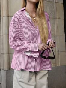 新款时尚优雅条纹领纽扣前襟镂空系带休闲衬衫，适合度假、日常、办公、旅行等场合。 - 粉色 - 查看 1