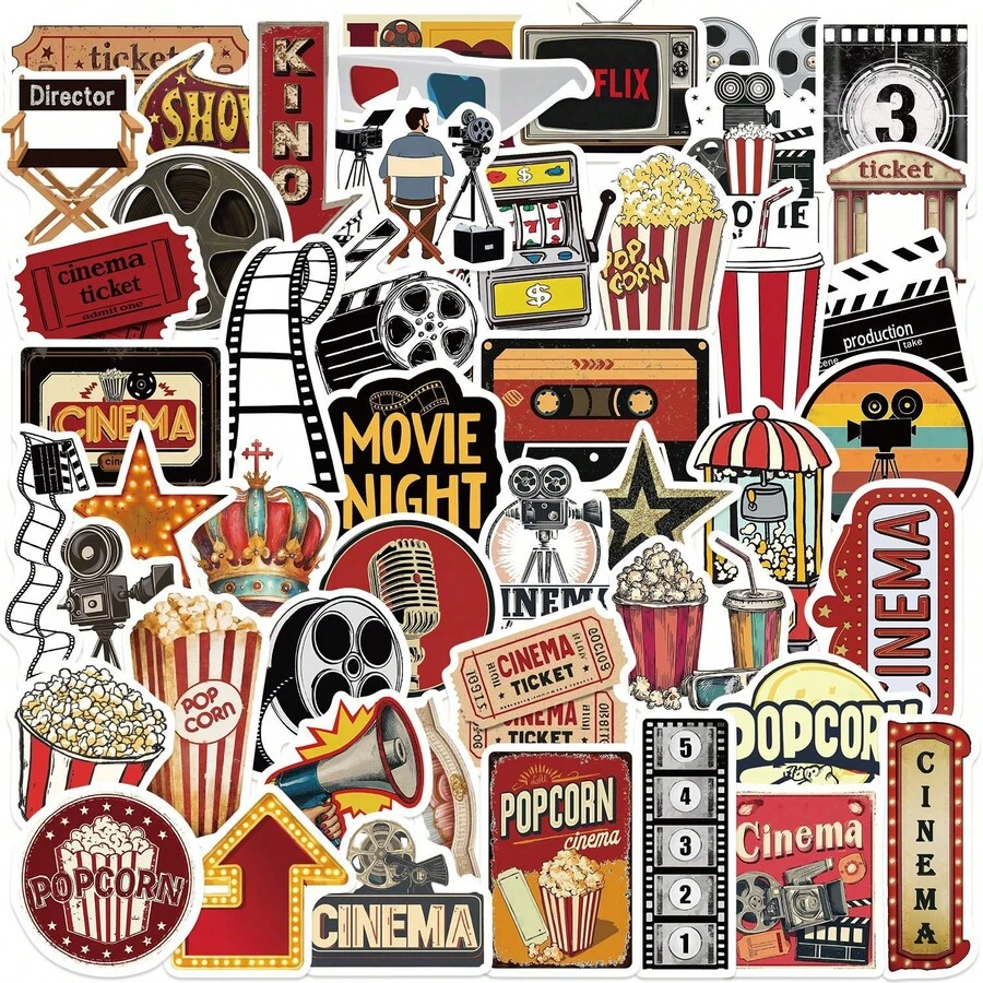 50pcs Retro Movie Stickers, Cartoon Y2K Stickers, Fun Stickers, Aesthetic Stickers, Art Stickers, Cool Stickers, Waterproof Vinyl Stickers, Suitable For Laptop, Phone, Car, Skateboard, Water Bottle, Scrapbook, Computer, Diary - Cinema - View 1