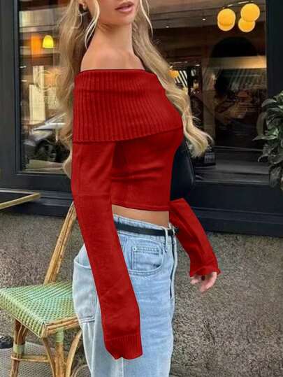 Elegante suéter de unicolor con hombros descubiertos, manga larga, ajuste ceñido, ideal para salir, fiestas, citas, uso casual y cómodo, moda glamorosa para mujeres