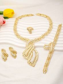 Ensemble de bijoux mode du Moyen-Orient, collier pour femme, pendentif doré, boucles d'oreilles de mariage et bague plaqué or de luxe - Doré - Voir 2