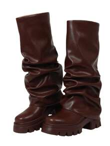 Women's Brown Boots Metal Platform Shark Boots Foldable Thick Knee High Shoes Motorcycle Nightclub Cosplay Spring Boots For Women - 棕色 - 查看 6